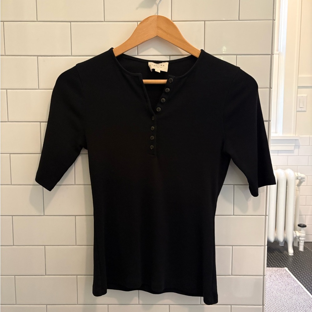 Sezane Black Short Sleeve Button-Up Top